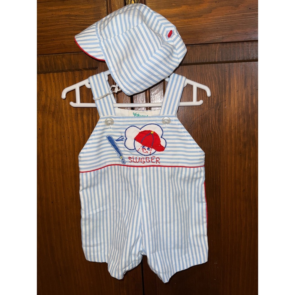Tiny Tots Original Vintage Seersucker Slugger Romper and Hat Set Blue White 6-9M